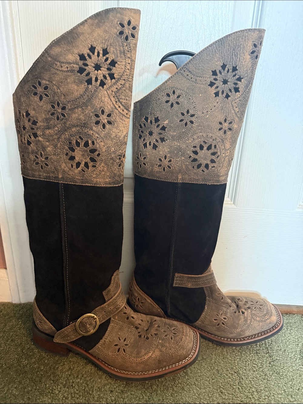 Laredo Brown and Black Over-the-Knee Western Boots with Floral Cutouts